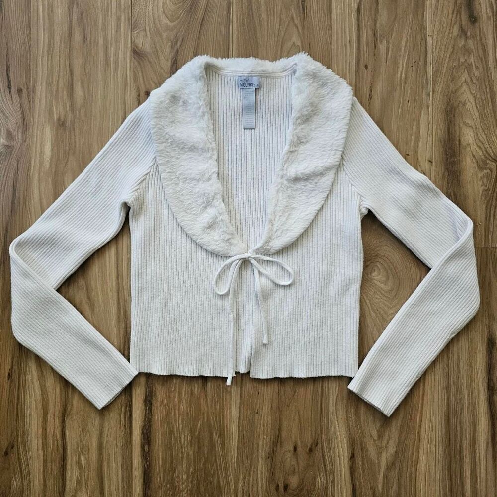 Y2K West of Melrose white/cream faux fur collar cardigan with tie detail